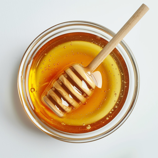 Top view of golden Vietnamese honey in a glass bowl with a wooden dipper