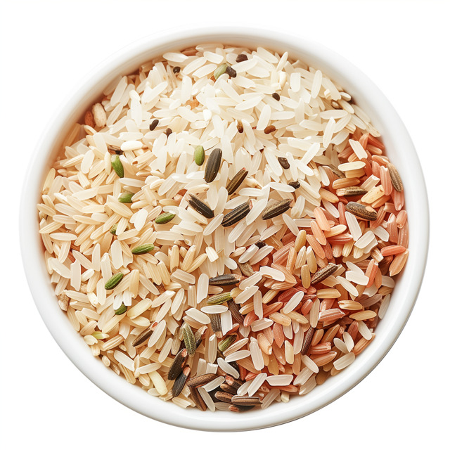 Top view of mixed Vietnamese rice varieties in a white bowl